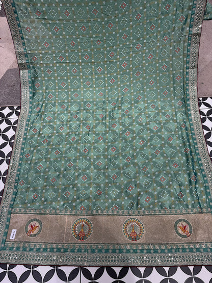 Bandhani Saree with Jarkan Work & Peacock Pallu