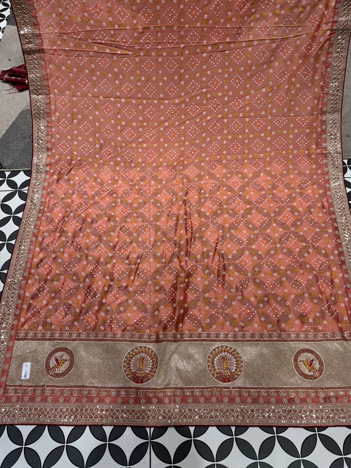 Bandhani Saree with Jarkan Work & Peacock Pallu