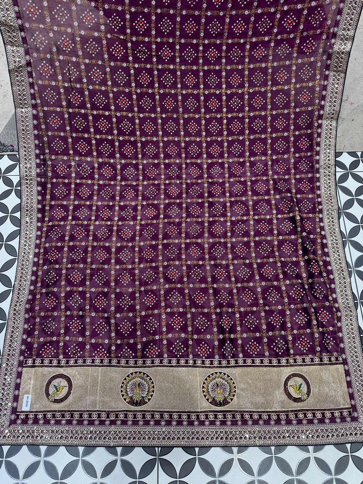 Bandhani Saree with Jarkan Work & Peacock Pallu