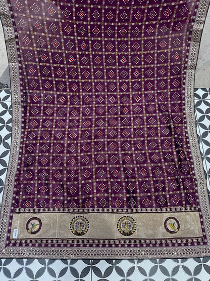 Bandhani Saree with Jarkan Work & Peacock Pallu