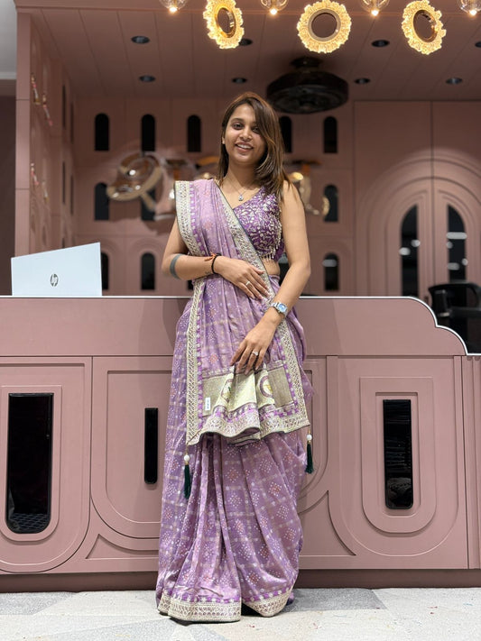 Bandhani Saree with Jarkan Work & Peacock Pallu