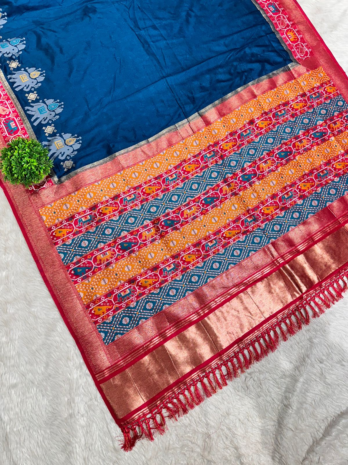 Silk Patola with Zari Border & Traditional Elephant-Parrot Motifs