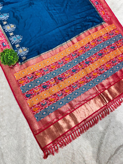 Silk Patola with Zari Border & Traditional Elephant-Parrot Motifs
