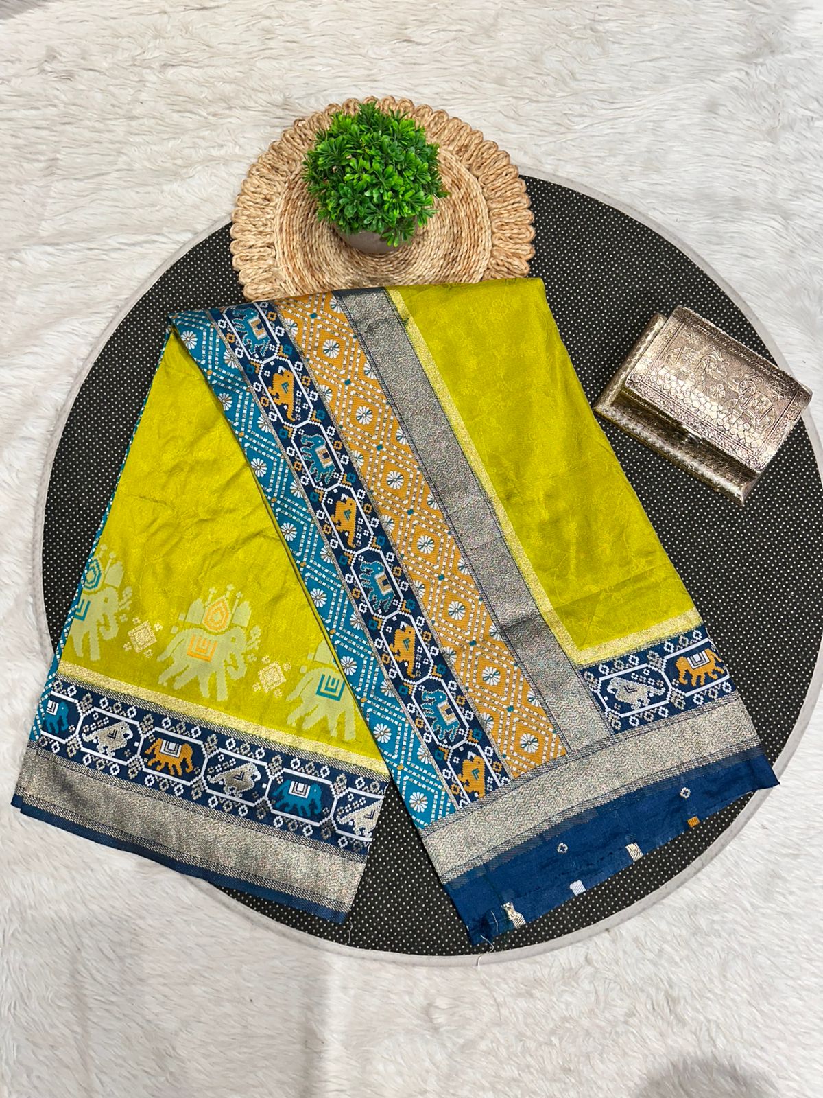 Silk Patola with Zari Border & Traditional Elephant-Parrot Motifs