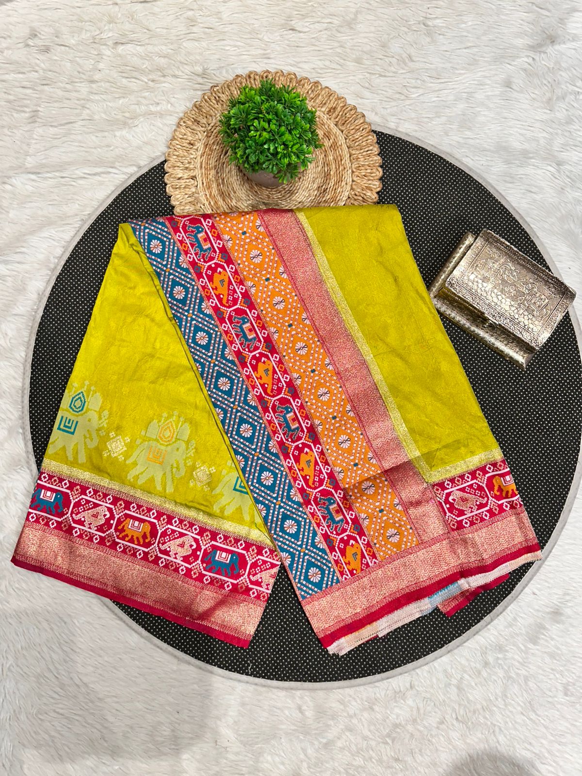 Silk Patola with Zari Border & Traditional Elephant-Parrot Motifs