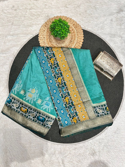 Silk Patola with Zari Border & Traditional Elephant-Parrot Motifs