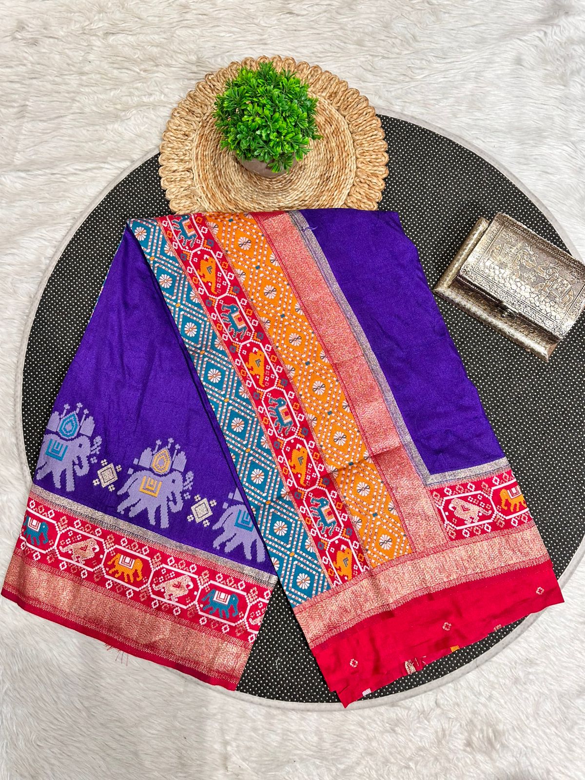 Silk Patola with Zari Border & Traditional Elephant-Parrot Motifs