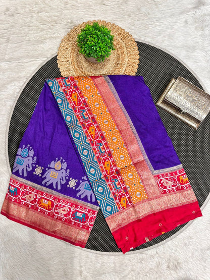 Silk Patola with Zari Border & Traditional Elephant-Parrot Motifs