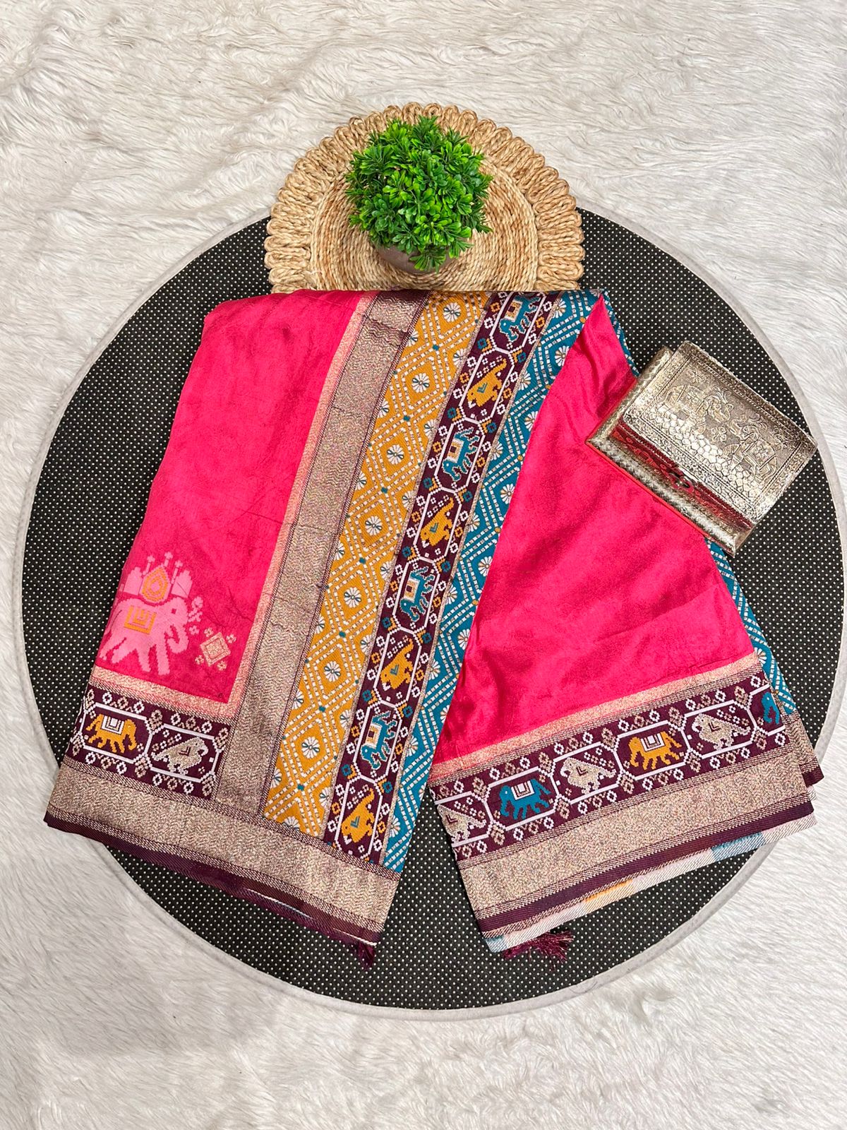 Silk Patola with Zari Border & Traditional Elephant-Parrot Motifs