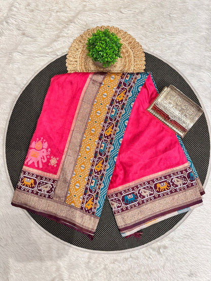 Silk Patola with Zari Border & Traditional Elephant-Parrot Motifs