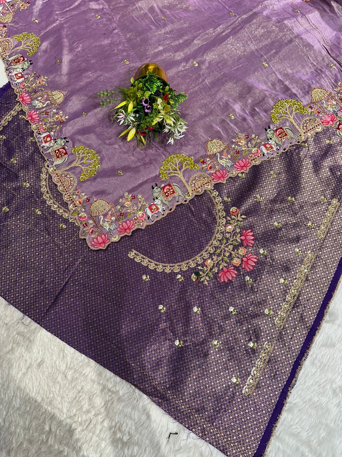 Traditional Beige Saree with Colorful Prints & Tassels