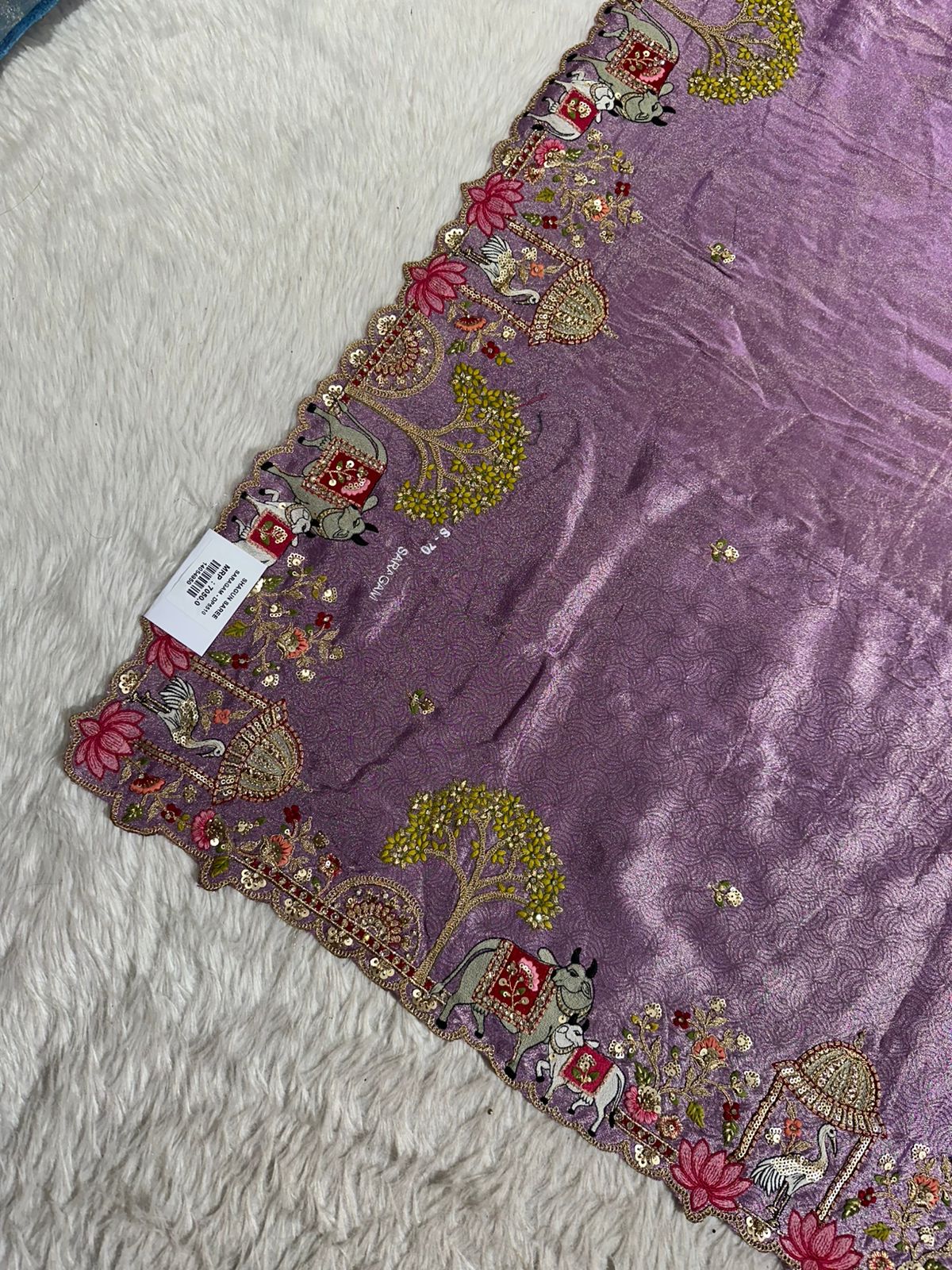 Traditional Beige Saree with Colorful Prints & Tassels
