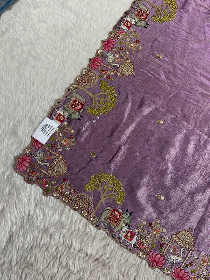 Traditional Beige Saree with Colorful Prints & Tassels
