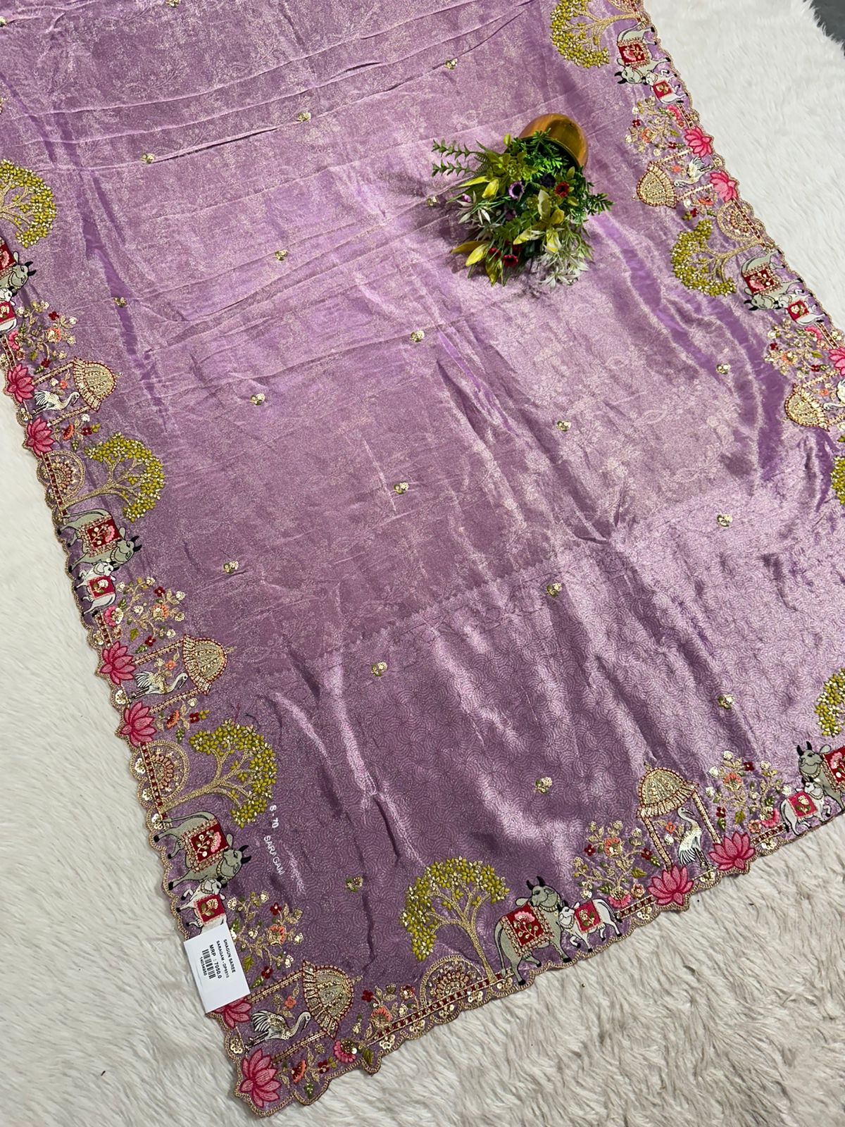Traditional Beige Saree with Colorful Prints & Tassels