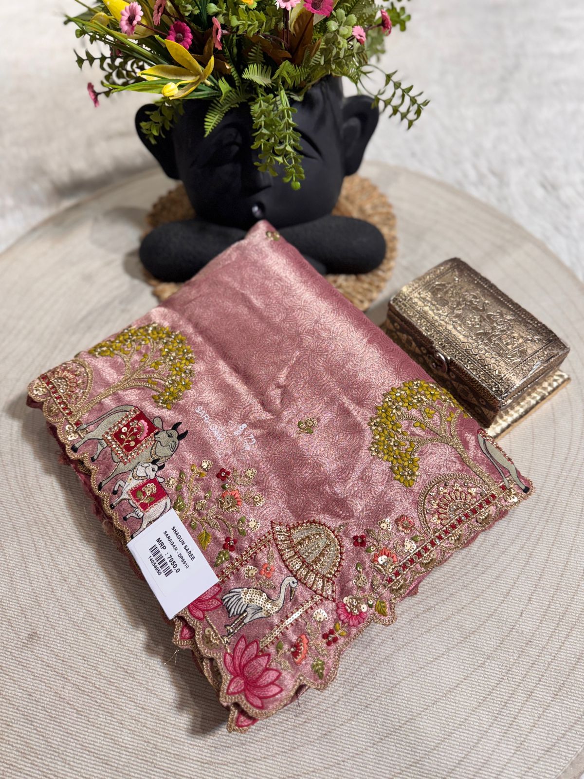 Traditional Beige Saree with Colorful Prints & Tassels