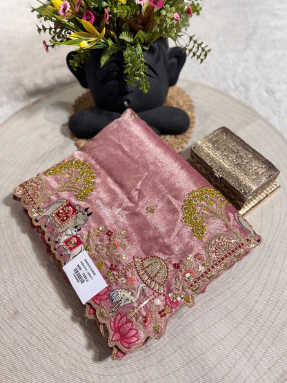 Traditional Beige Saree with Colorful Prints & Tassels