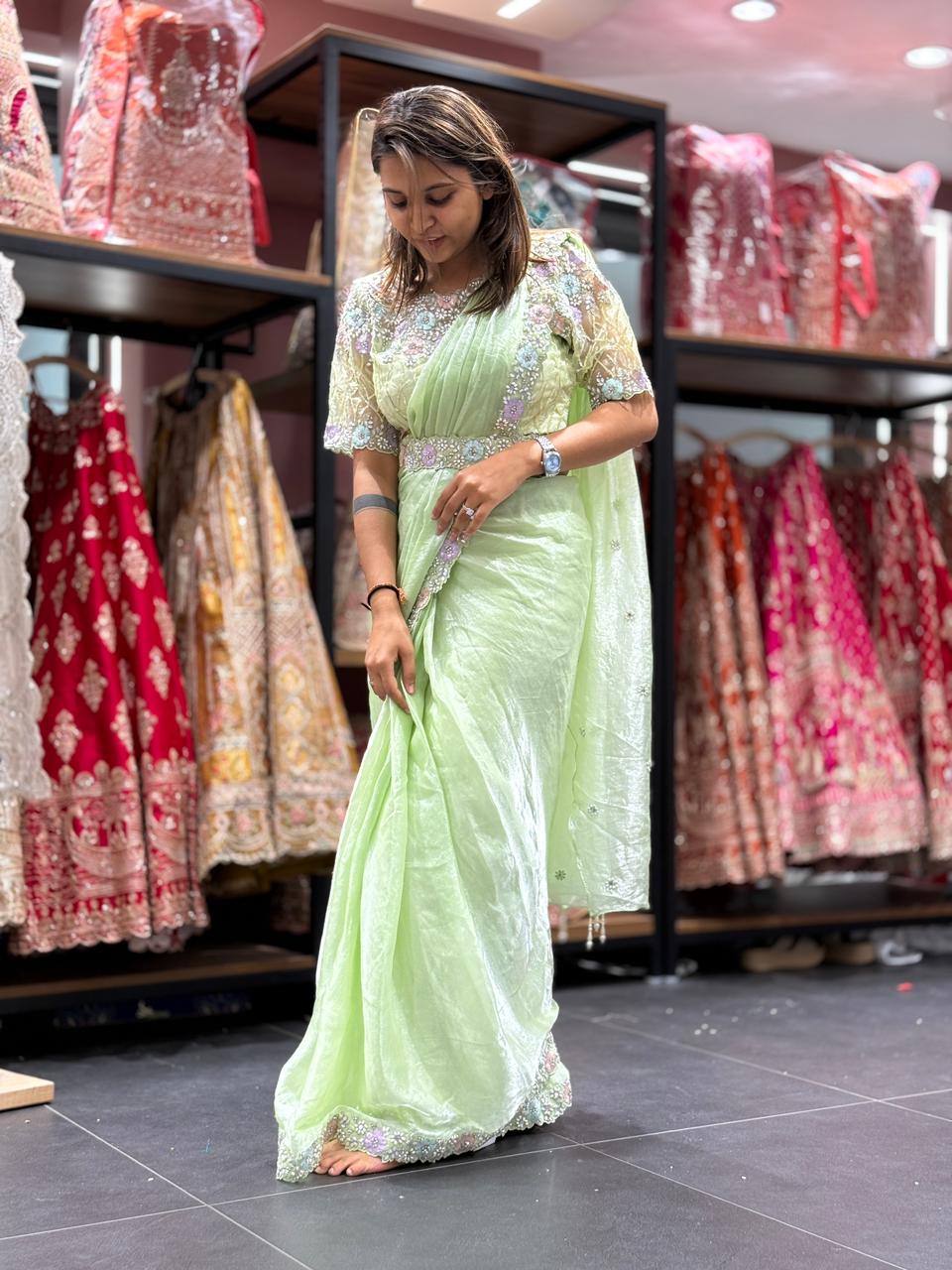 Pastel Green Ready-to-Wear Saree with Hand Embroidery