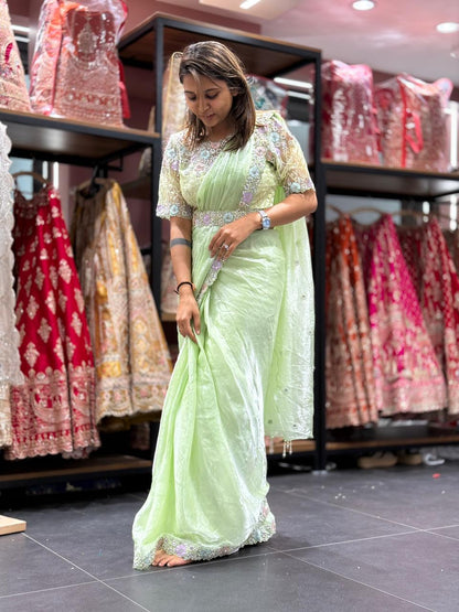 Pastel Green Ready-to-Wear Saree with Hand Embroidery
