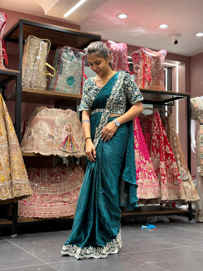 Teal Green Ready-to-Wear Silk Saree with Hand Embroidery
