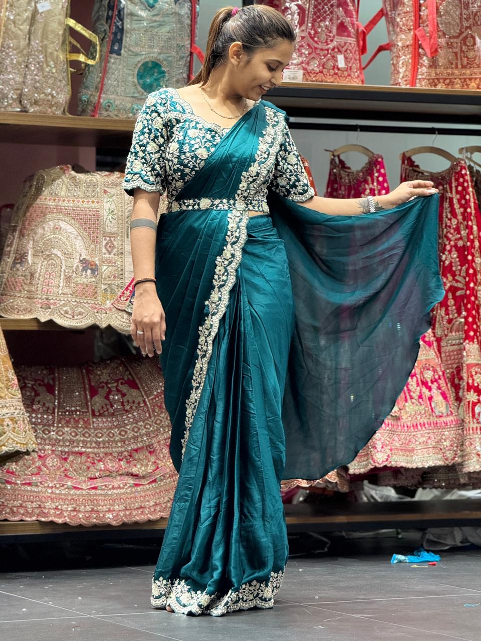 Teal Green Ready-to-Wear Silk Saree with Hand Embroidery