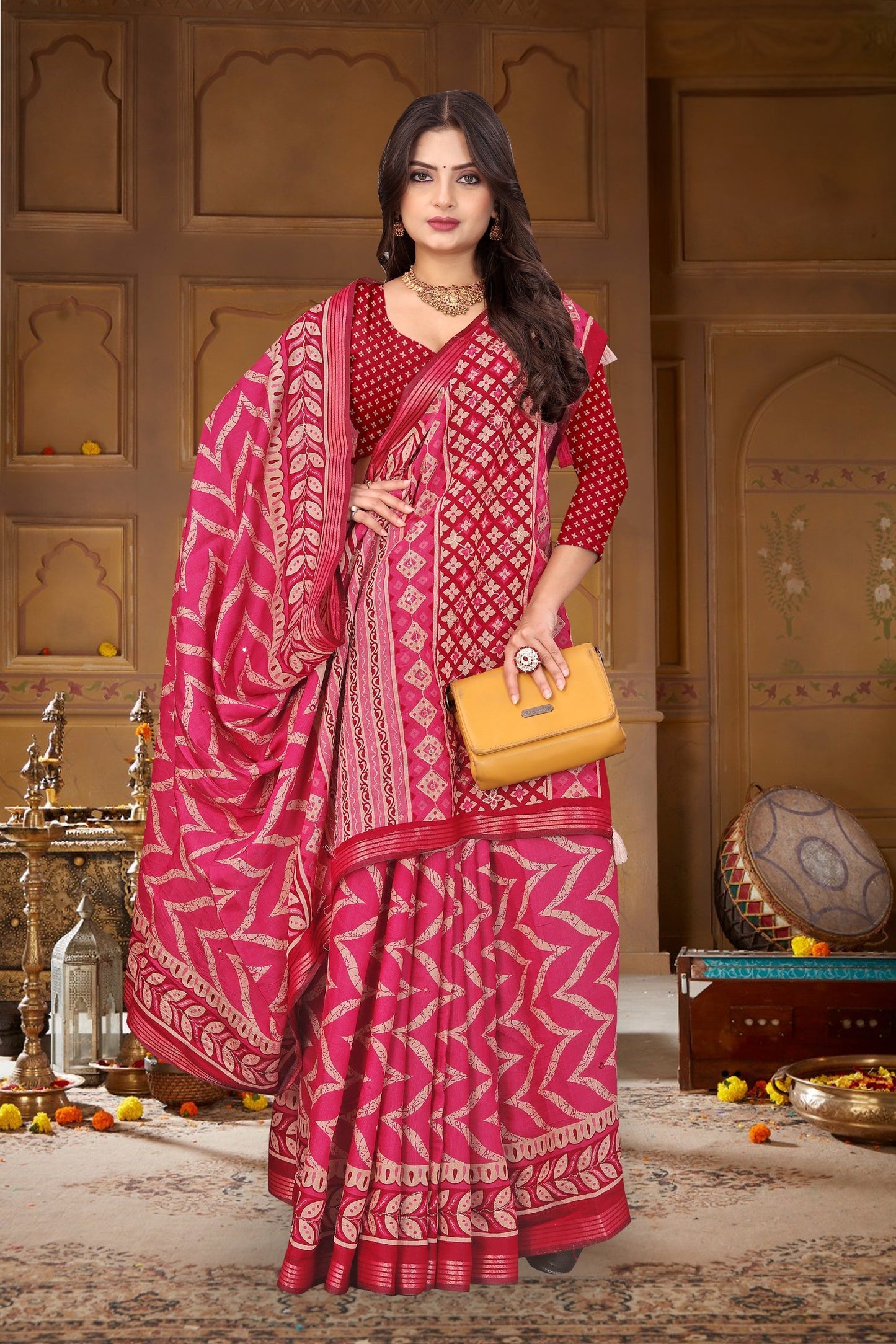 Mall Cotton Leriyu Print Saree with Leaf Border