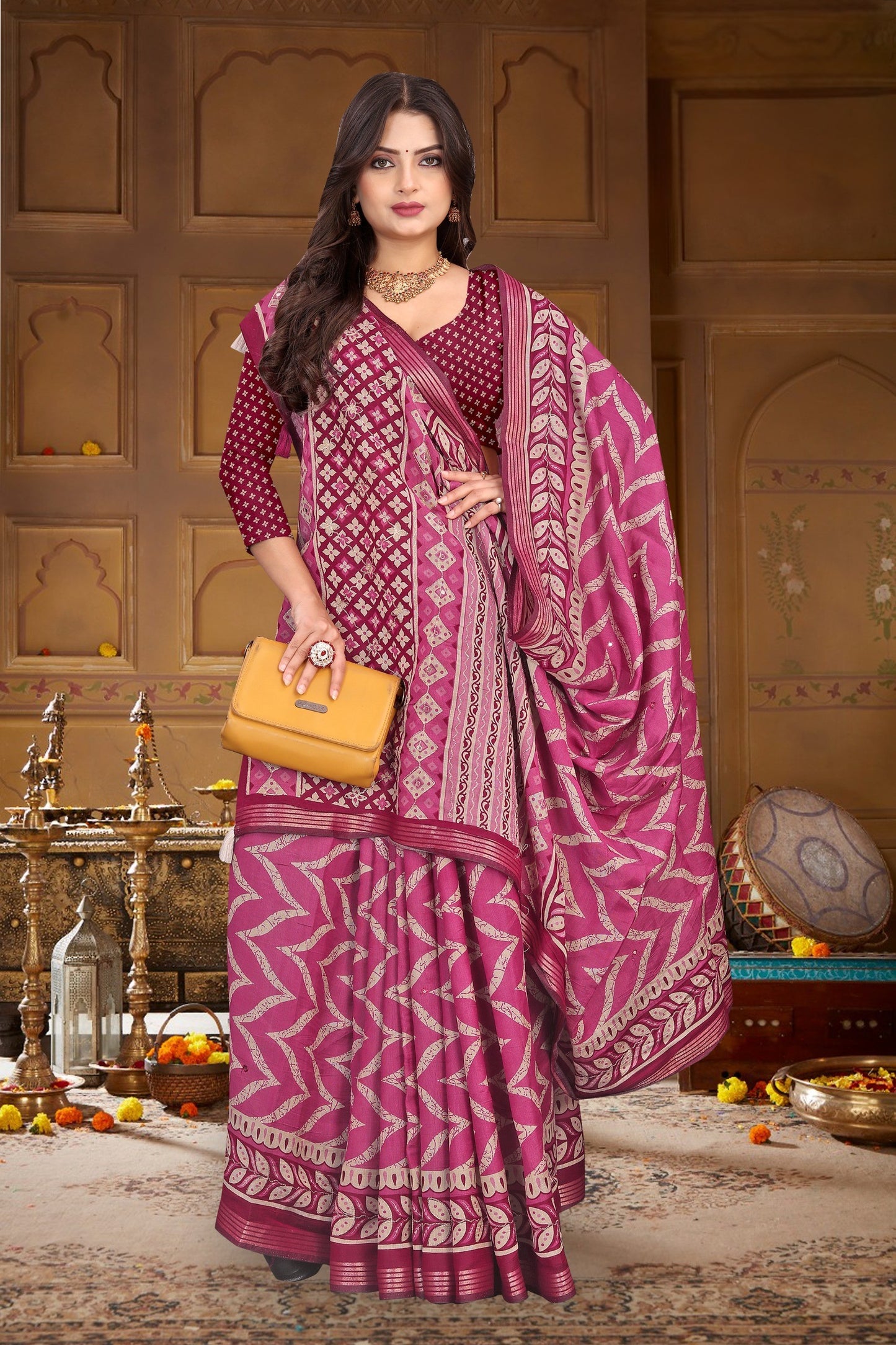 Mall Cotton Leriyu Print Saree with Leaf Border