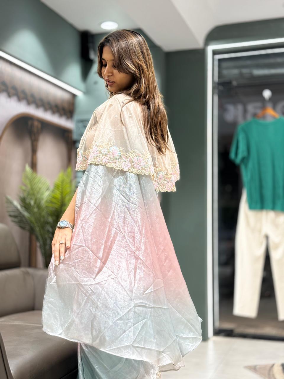 Ready-to-Wear Saree with Embroidered Cape | Partywear