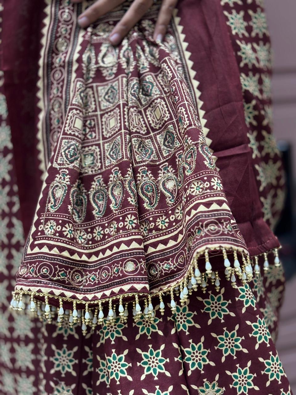 Ajrakh Aari Work Saree with Moti Jhalar | Traditional Printed Saree