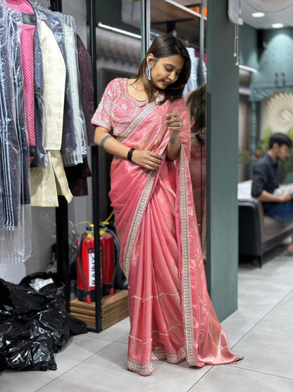 Organza Saree with Embroidered Border & Heavy Work Blouse | Designer Party Wear