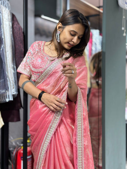 Organza Saree with Embroidered Border & Heavy Work Blouse | Designer Party Wear