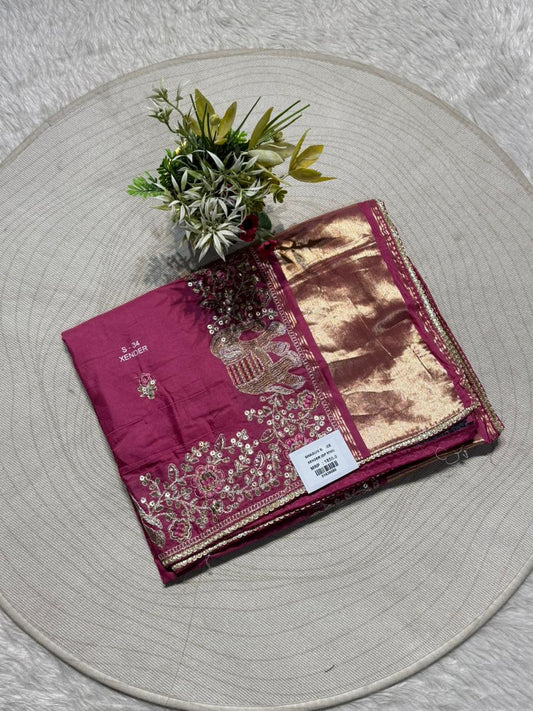 || Magenta Embroidered Silk Wedding Saree with Rich Zari Pallu