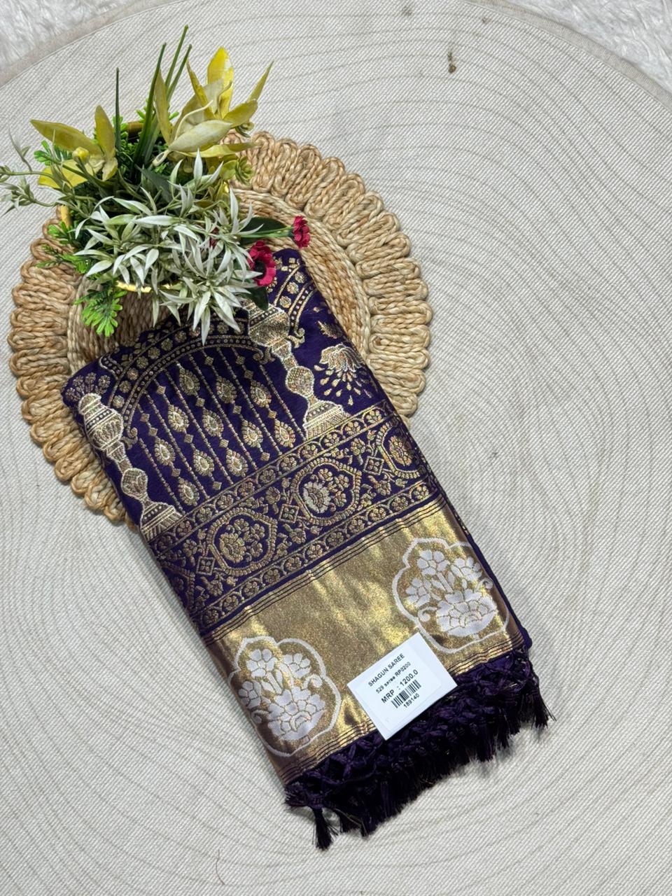 Banarasi Silk Saree with Gold Zari Border | Traditional Wedding Saree by Shagun