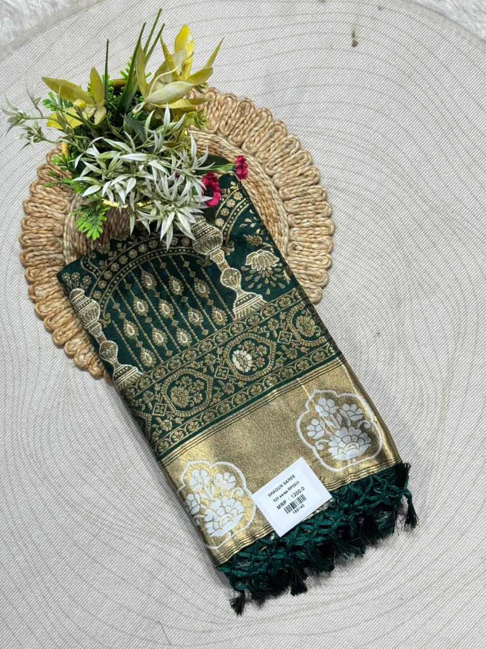 Banarasi Silk Saree with Gold Zari Border | Traditional Wedding Saree by Shagun