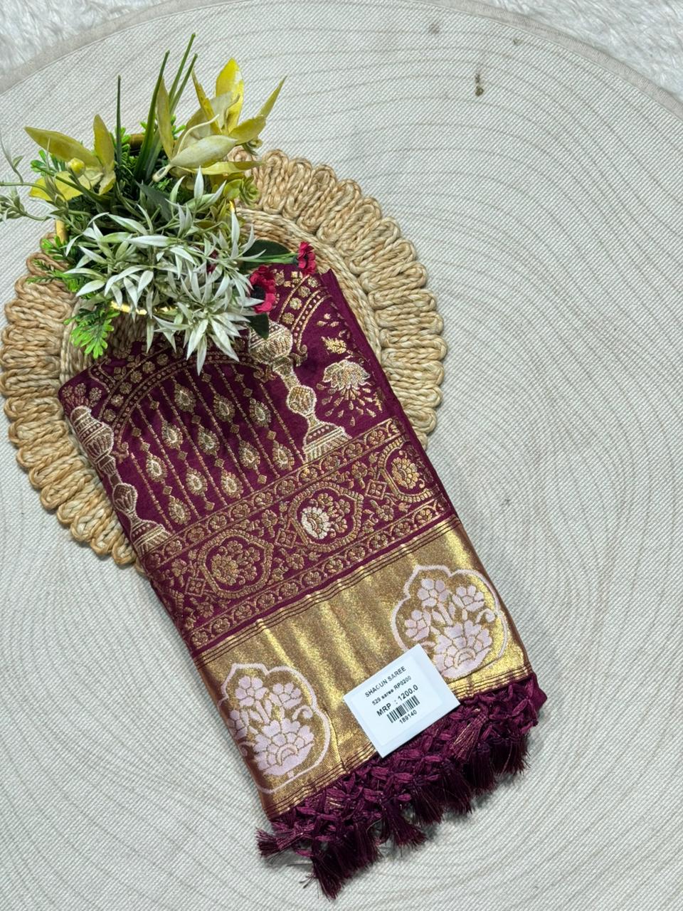 Banarasi Silk Saree with Gold Zari Border | Traditional Wedding Saree by Shagun