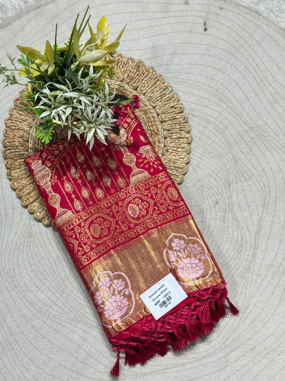 Banarasi Silk Saree with Gold Zari Border | Traditional Wedding Saree by Shagun