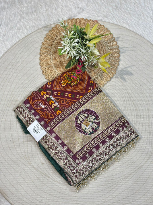 Silk Saree with Zari Border & Green Embroidered Blouse – Festive Designer Wear