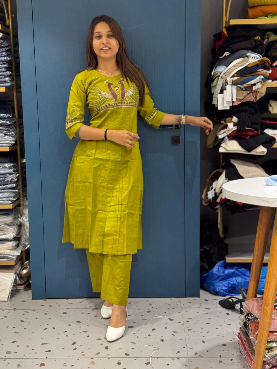 Embroidered Cotton Kurti Set with Peacock Design for Women