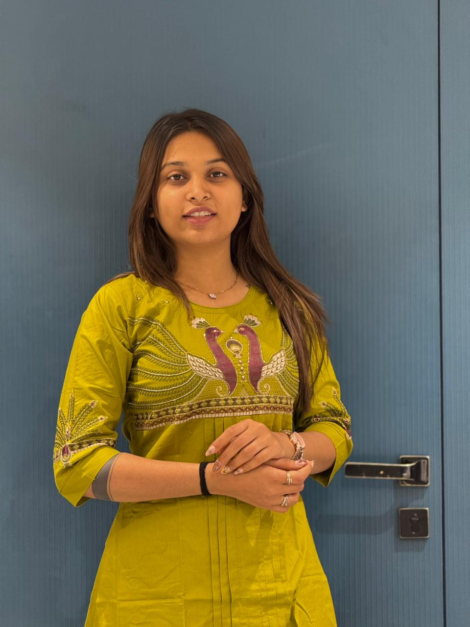 Embroidered Cotton Kurti Set with Peacock Design for Women