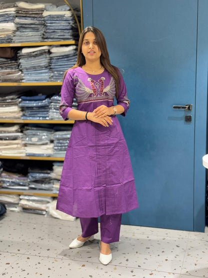 Embroidered Cotton Kurti Set with Peacock Design for Women