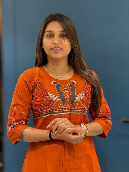 Embroidered Cotton Kurti Set with Peacock Design for Women