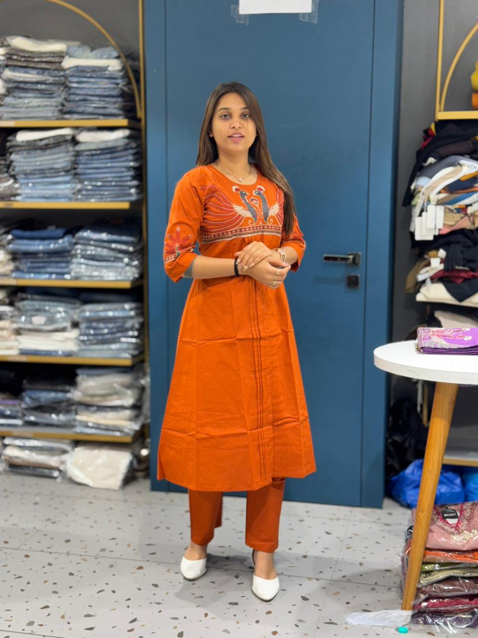 Embroidered Cotton Kurti Set with Peacock Design for Women