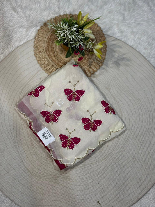 Organza Saree with Pink Butterfly Embroidery & Scalloped Border