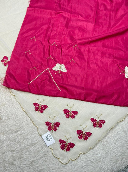 SHAGUN FASHION Organza Saree with Pink Butterfly Embroidery & Scalloped Border