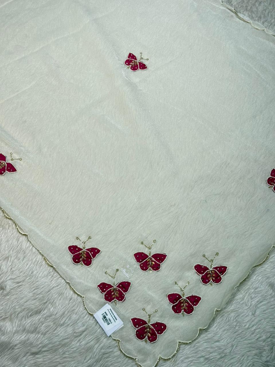 SHAGUN FASHION Organza Saree with Pink Butterfly Embroidery & Scalloped Border