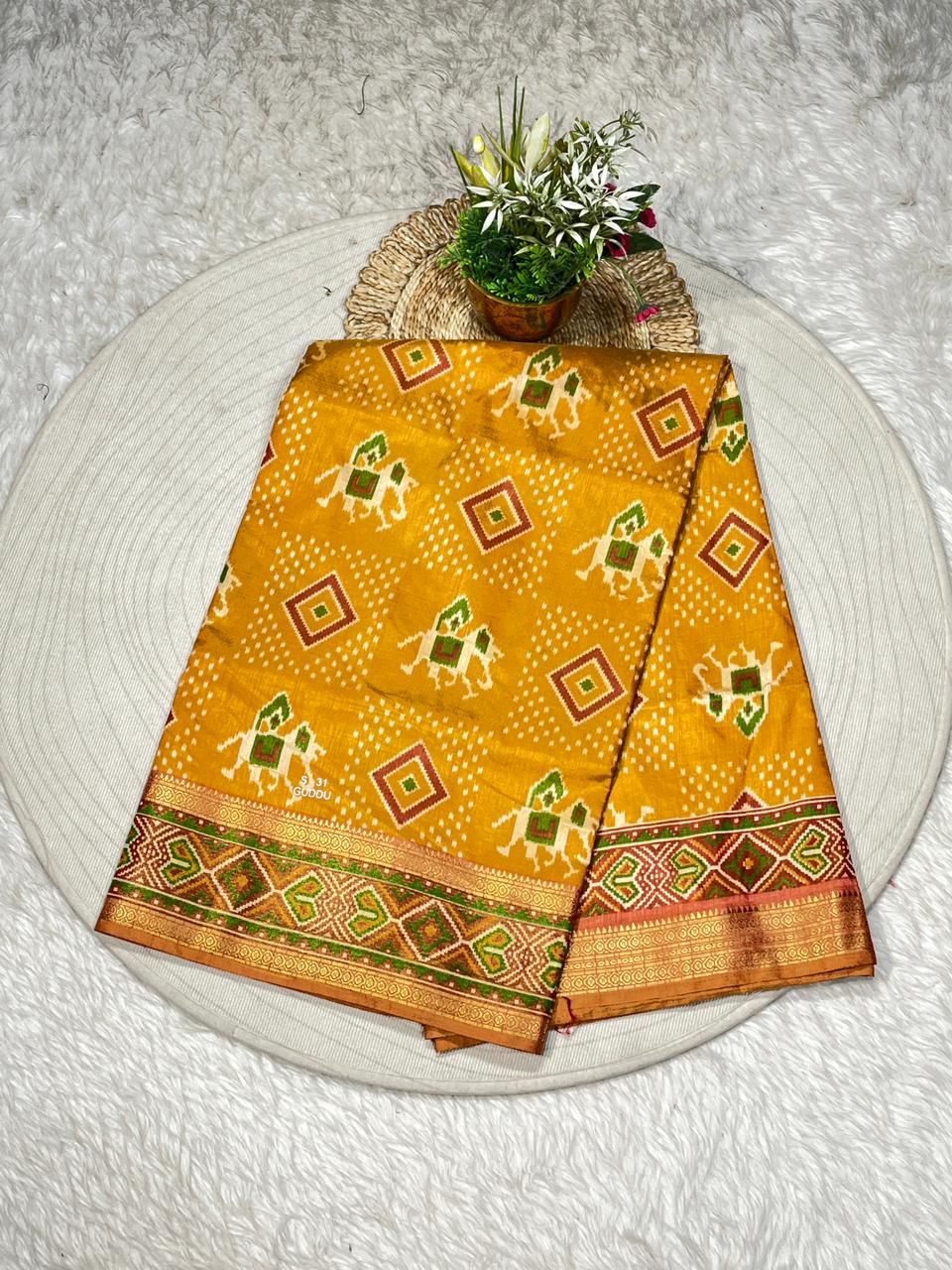 Ikat Silk Saree with Elephant Motifs & Blue Designer Border | Shagun Sarees