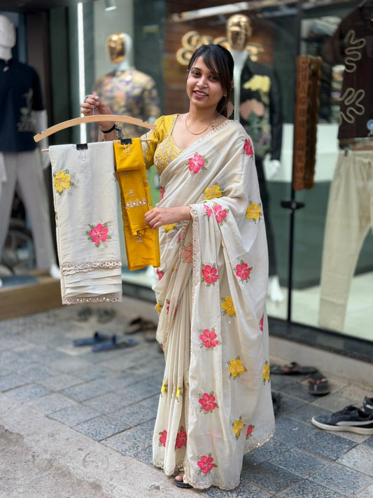 Off White Floral Embroidered Cotton Saree with Yellow Blouse – Elegant Ethnic Wear | Shagun Fashio