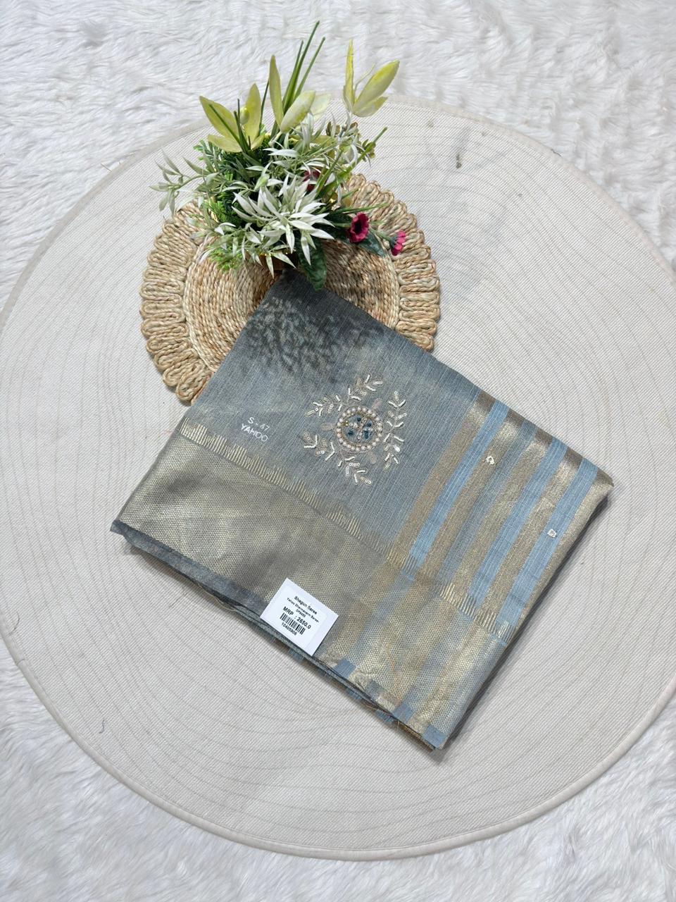 Embroidered Zari Saree with Designer Striped Pallu | Shagun Sarees