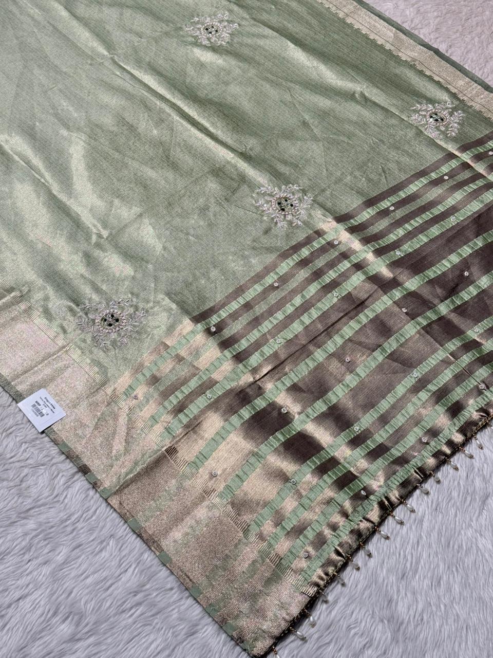 Embroidered Zari Saree with Designer Striped Pallu | Shagun Sarees