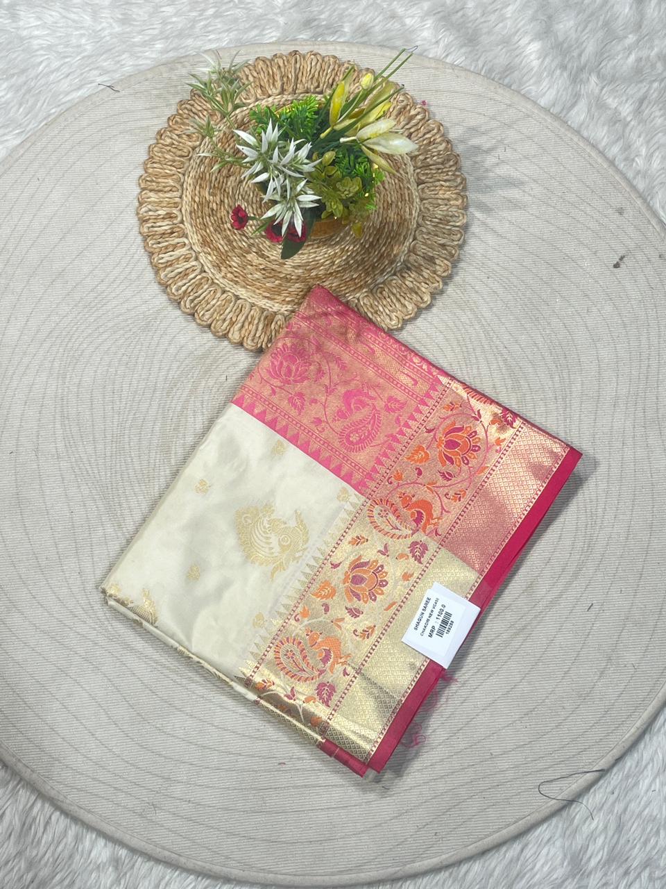 Cream & Pink Zari Woven Banarasi Style Festive Saree | Shagun Sarees