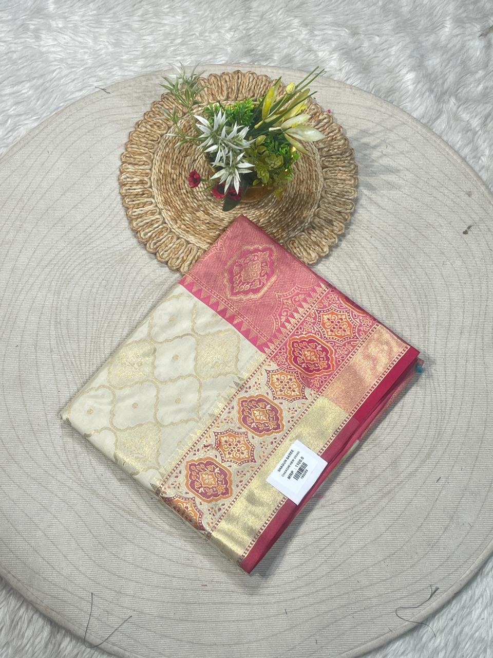 Cream & Pink Zari Woven Banarasi Style Festive Saree | Shagun Sarees